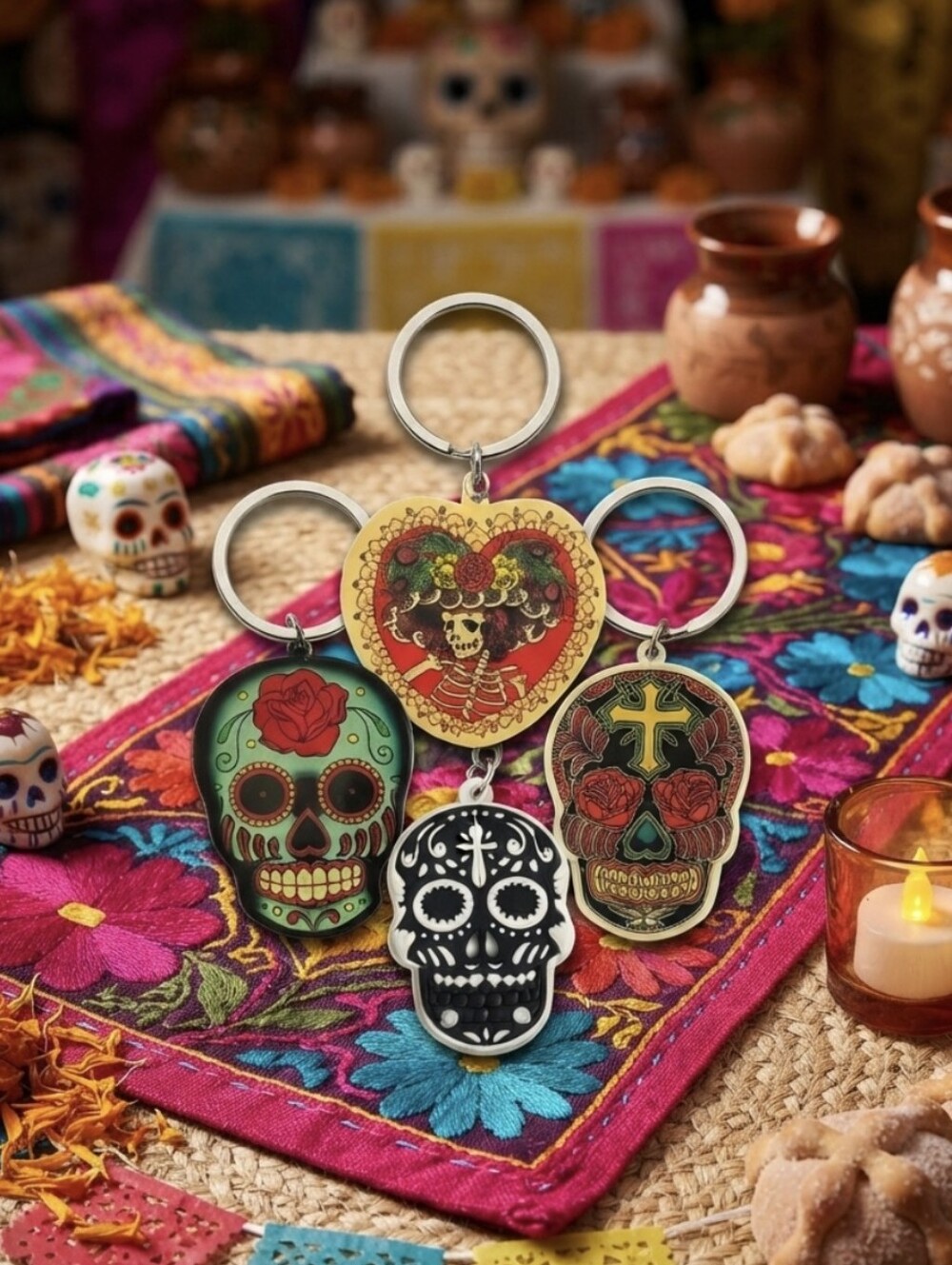 Day of the Dead Sugar Skull Keychain Set of 4 – Colorful Floral Designs - Picture 9 of 10